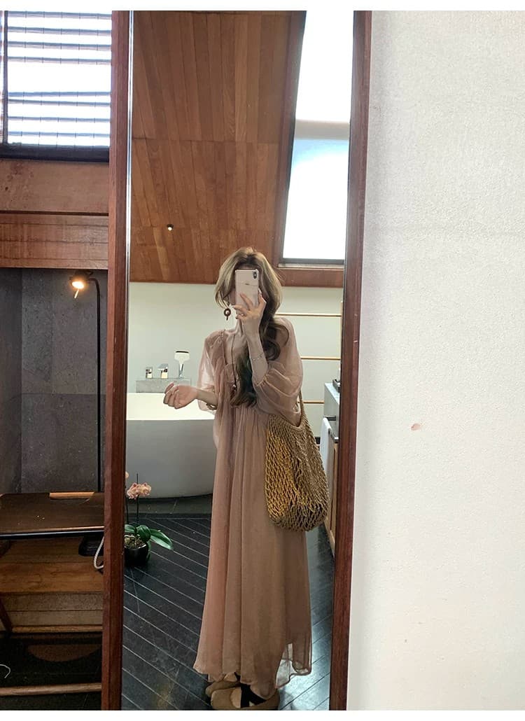 xxiiuu 호박색 깃발 감기 센스 광장 칼라 거품 소매 구슬 빛 여성 드레스 여름 품격 치마 상세 이미지 2