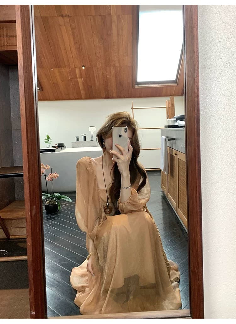 xxiiuu 호박색 깃발 감기 센스 광장 칼라 거품 소매 구슬 빛 여성 드레스 여름 품격 치마 상세 이미지 8