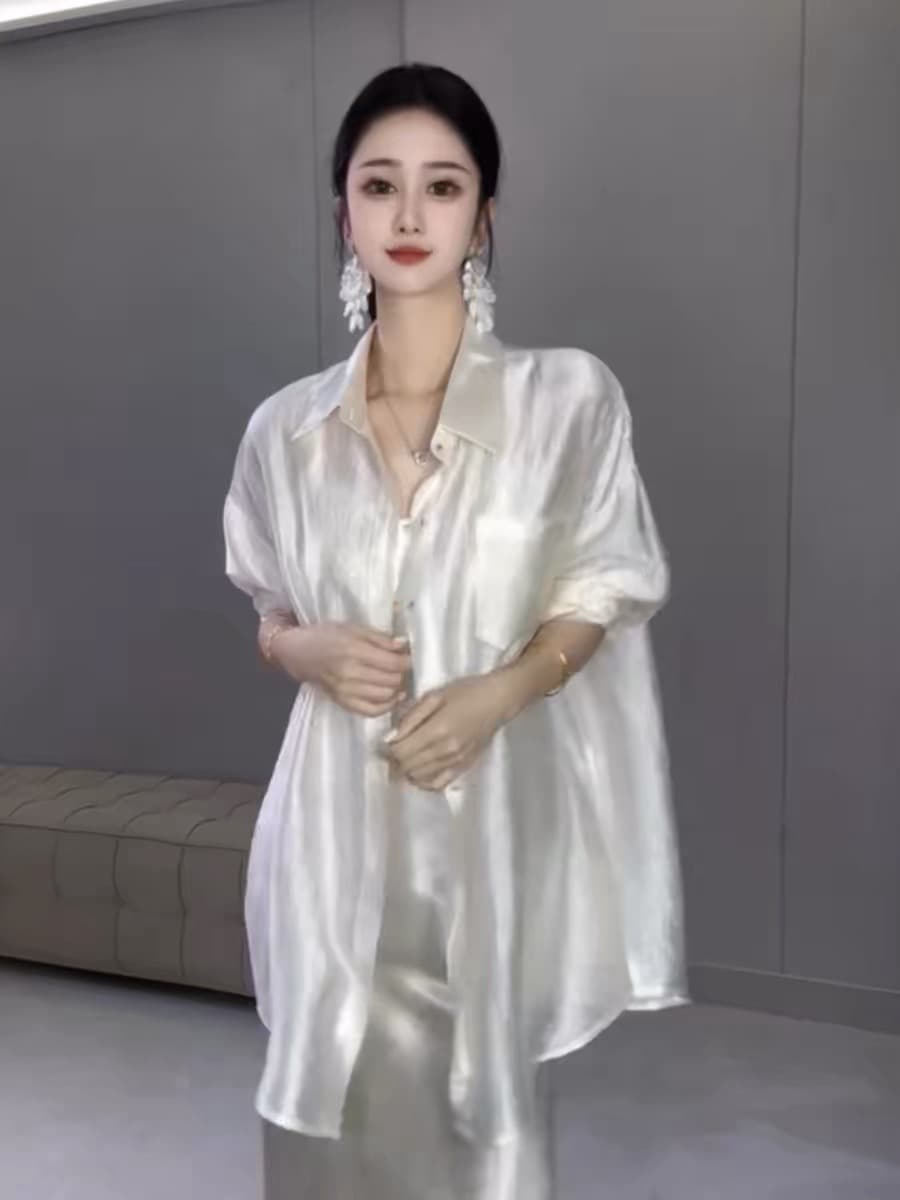 한 부서 느긋한 바람 얇은 스타일 자외선 차단 긴팔 여성 셔츠 여름 드레스 루즈핏 캐주얼 맨위 상세 이미지 2