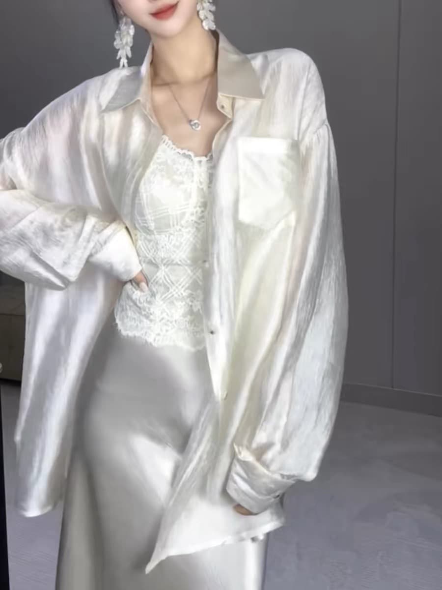 한 부서 느긋한 바람 얇은 스타일 자외선 차단 긴팔 여성 셔츠 여름 드레스 루즈핏 캐주얼 맨위 상세 이미지 3