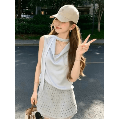 프랑스식 품격 흔들다 칼라 행침 목 리본 민소매 조끼 여성 여름 새로운 디자인 센스 슬림해 보이는 출퇴근 다용도 맨위 이미지 4