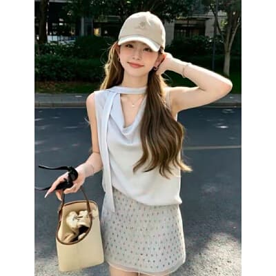 프랑스식 품격 흔들다 칼라 행침 목 리본 민소매 조끼 여성 여름 새로운 디자인 센스 슬림해 보이는 출퇴근 다용도 맨위 상세 이미지 2