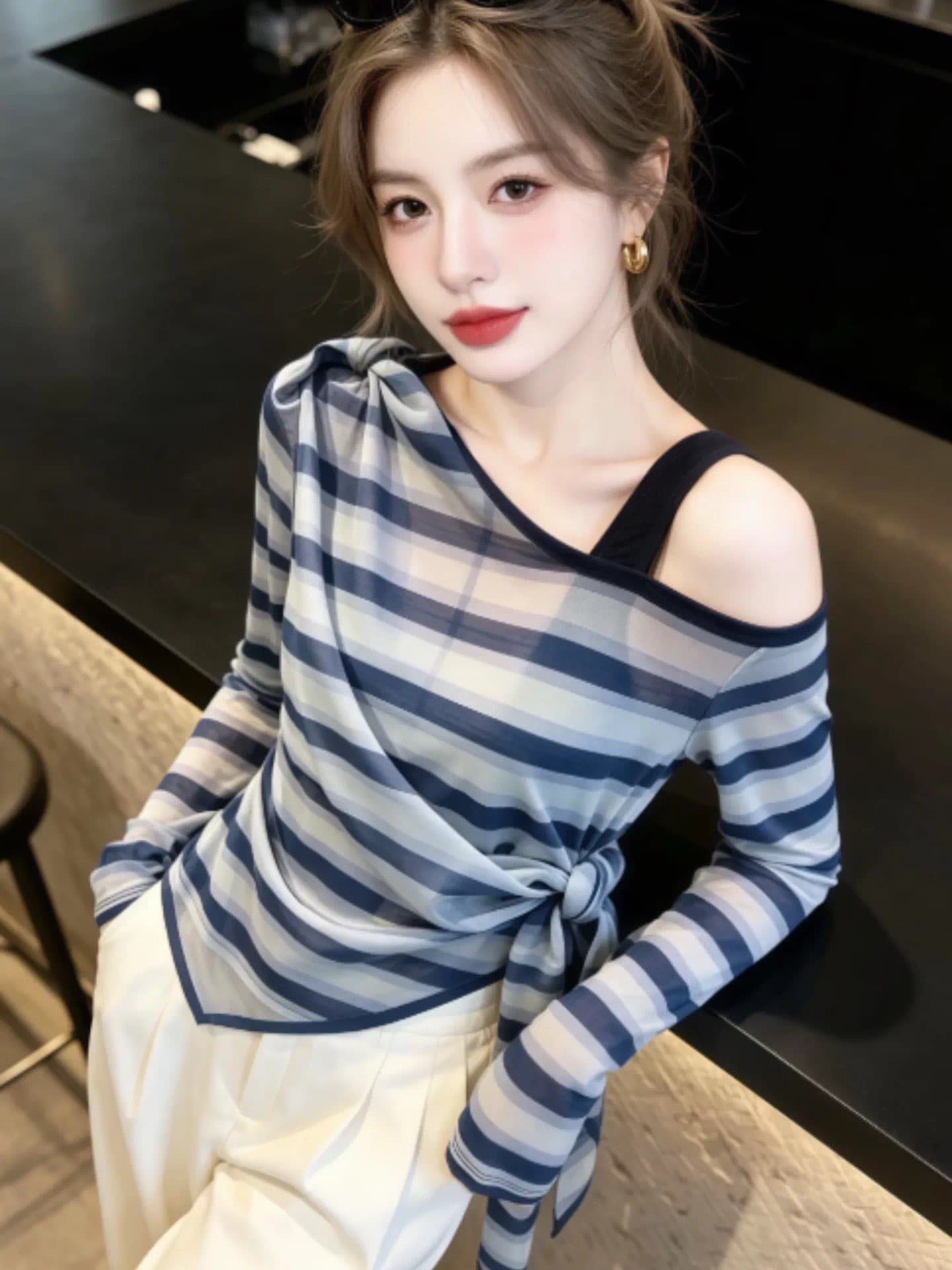 프랑스식 디자인 센스 패치워크 색상 스트라이프 레이스업 긴팔 티셔츠 여성 2026 여름 새로운 외국 가스 연령 감소 자외선 차단 맨위 이미지 3