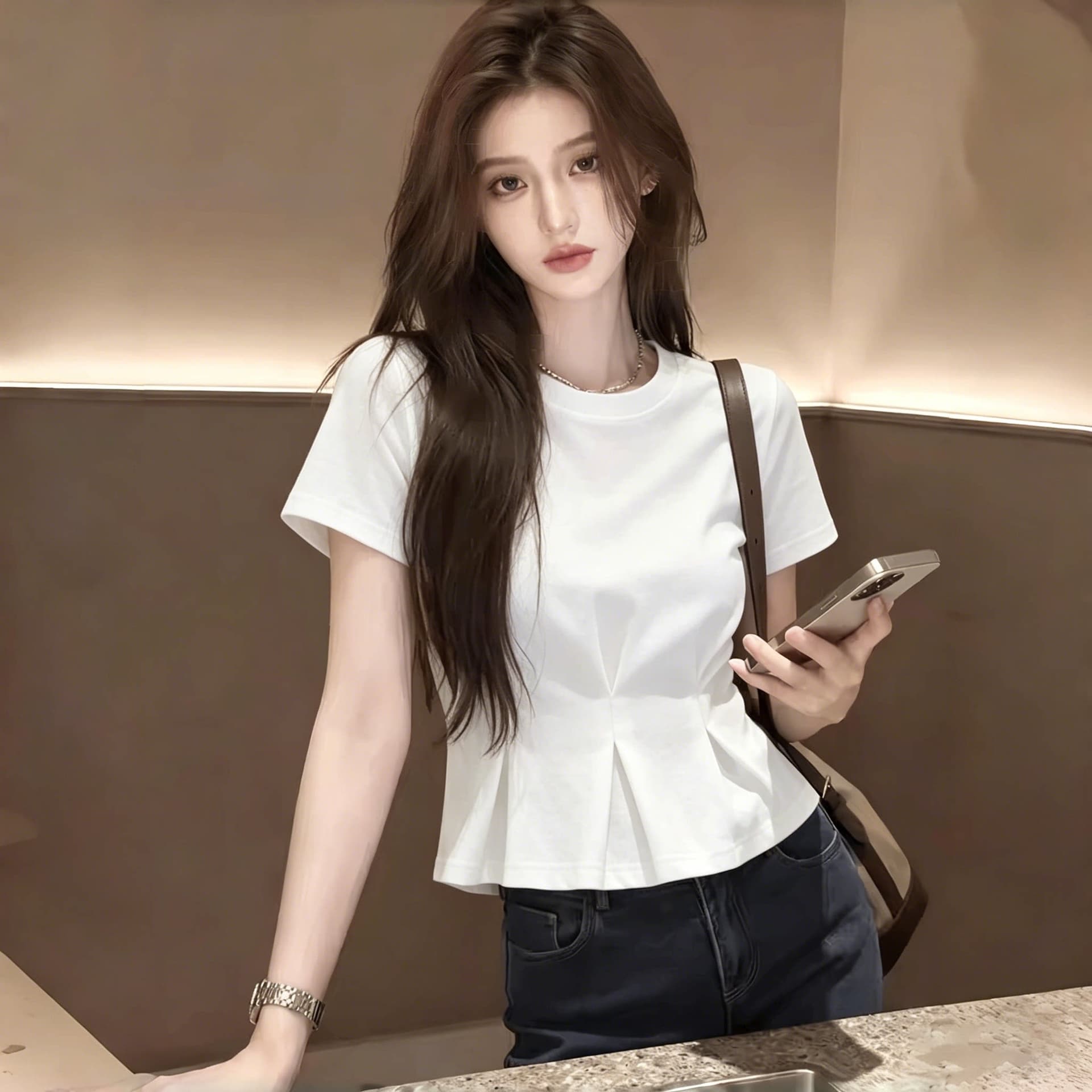 프랑스식 고급 센스 주름 라운드 넥 반팔 티셔츠 여성 26 여름 새로운 허리 수축 슬림해 보이는 우아함 품격 맨위 상세 이미지 2