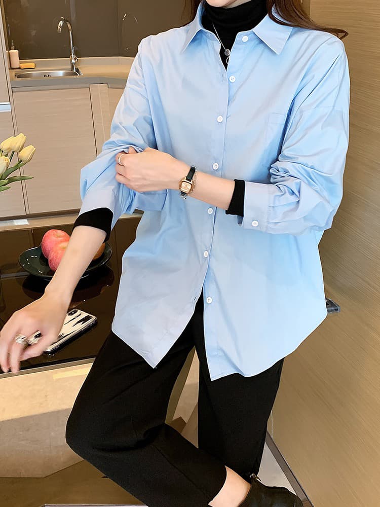조용한 럭셔리 오래된 돈 바람 면 긴팔 여성 셔츠 느긋한 센스 루즈핏 캐주얼 품격 맨위 이미지 2