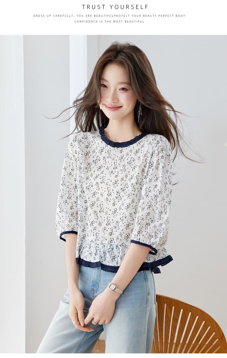프랑스식 부드러운 바람 프릴 꽃무늬 여성 셔츠 2026 새로운 7부 소매 셔츠 연령 감소 슬림해 보이는 외국 가스 맨위