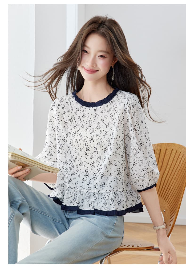 프랑스식 부드러운 바람 프릴 꽃무늬 여성 셔츠 2026 새로운 7부 소매 셔츠 연령 감소 슬림해 보이는 외국 가스 맨위 이미지 3