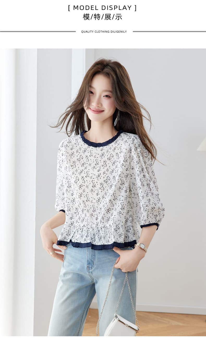 프랑스식 부드러운 바람 프릴 꽃무늬 여성 셔츠 2026 새로운 7부 소매 셔츠 연령 감소 슬림해 보이는 외국 가스 맨위 상세 이미지 3