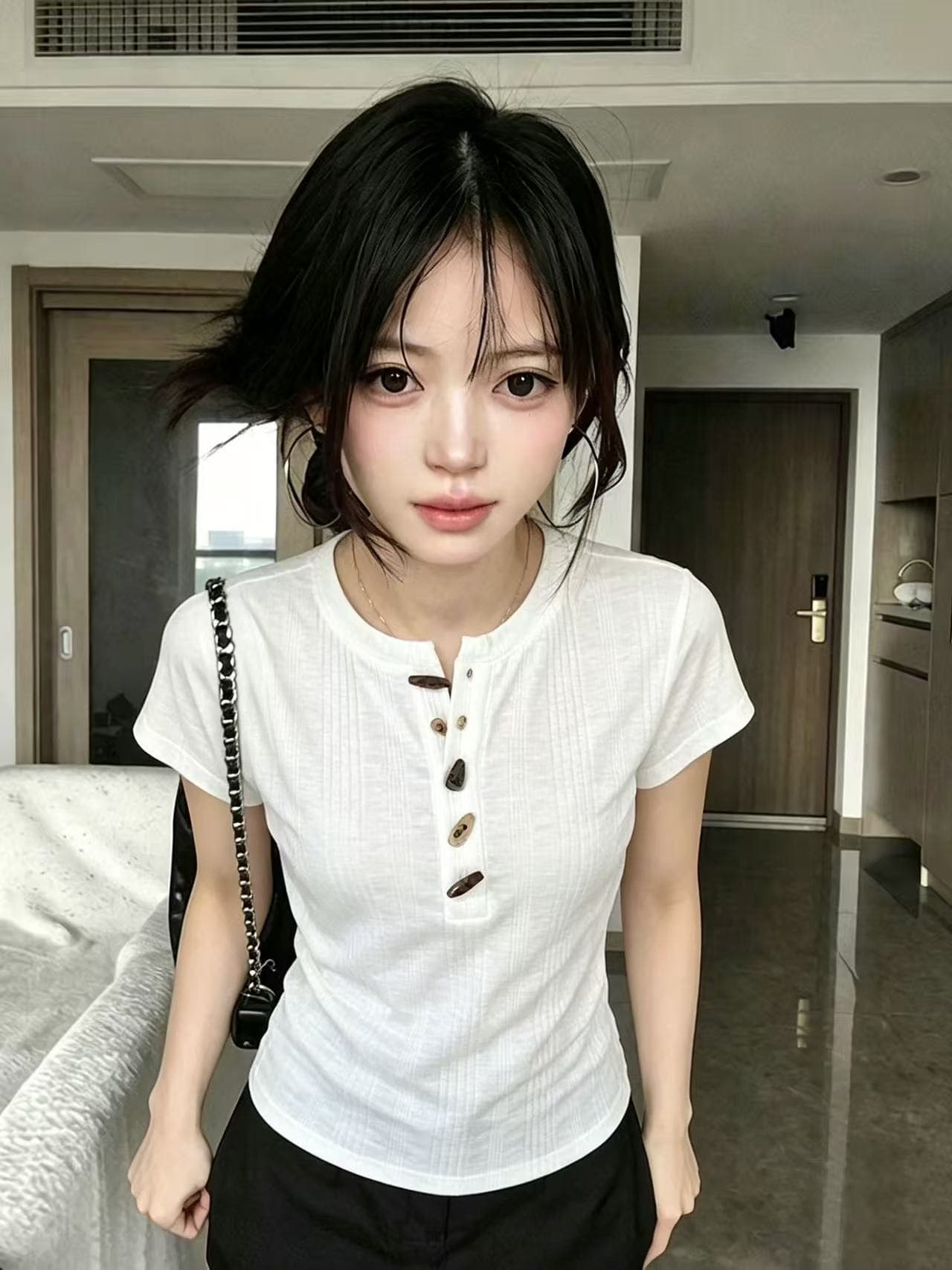대나무 마디 면 질감 센스 소뿔 버클 반팔 티셔츠 여성 작은 키 몸매 가꾸기 슬림해 보이는 다용도 인사이드 잡아라. 의류 여름 이미지 2