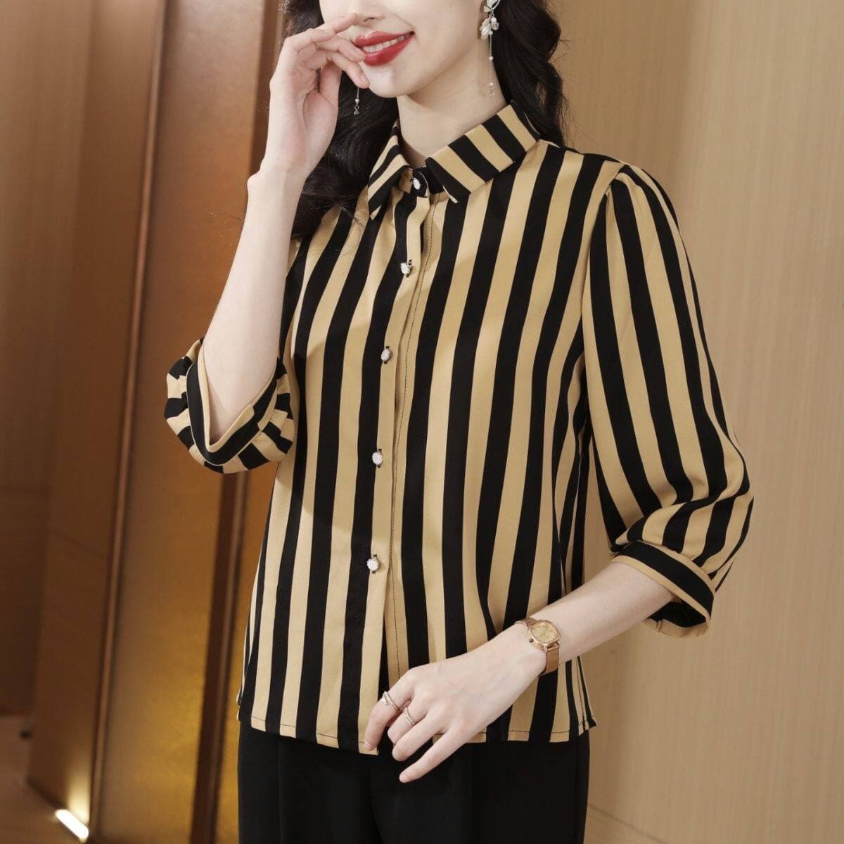 폴로 칼라 스트라이프 쉬폰 여성 셔츠 7부 소매 2025 봄 여름 얇은 스타일 품격 패션 경력 루즈핏 슬림해 보이는 셔츠 상세 이미지 1