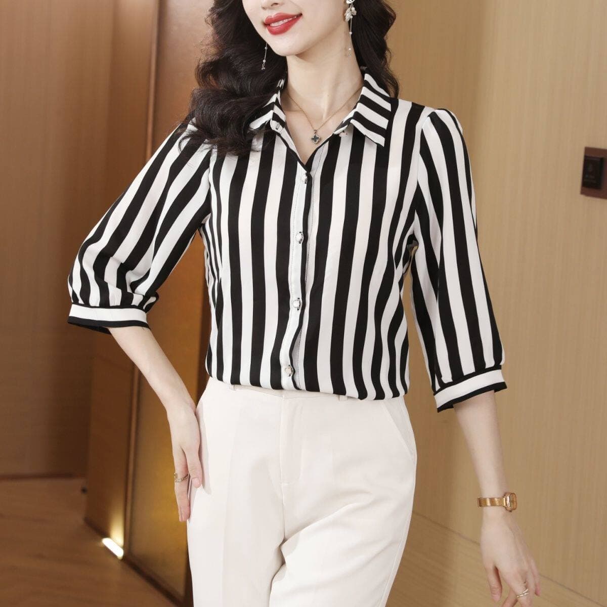 폴로 칼라 스트라이프 쉬폰 여성 셔츠 7부 소매 2025 봄 여름 얇은 스타일 품격 패션 경력 루즈핏 슬림해 보이는 셔츠 상세 이미지 5
