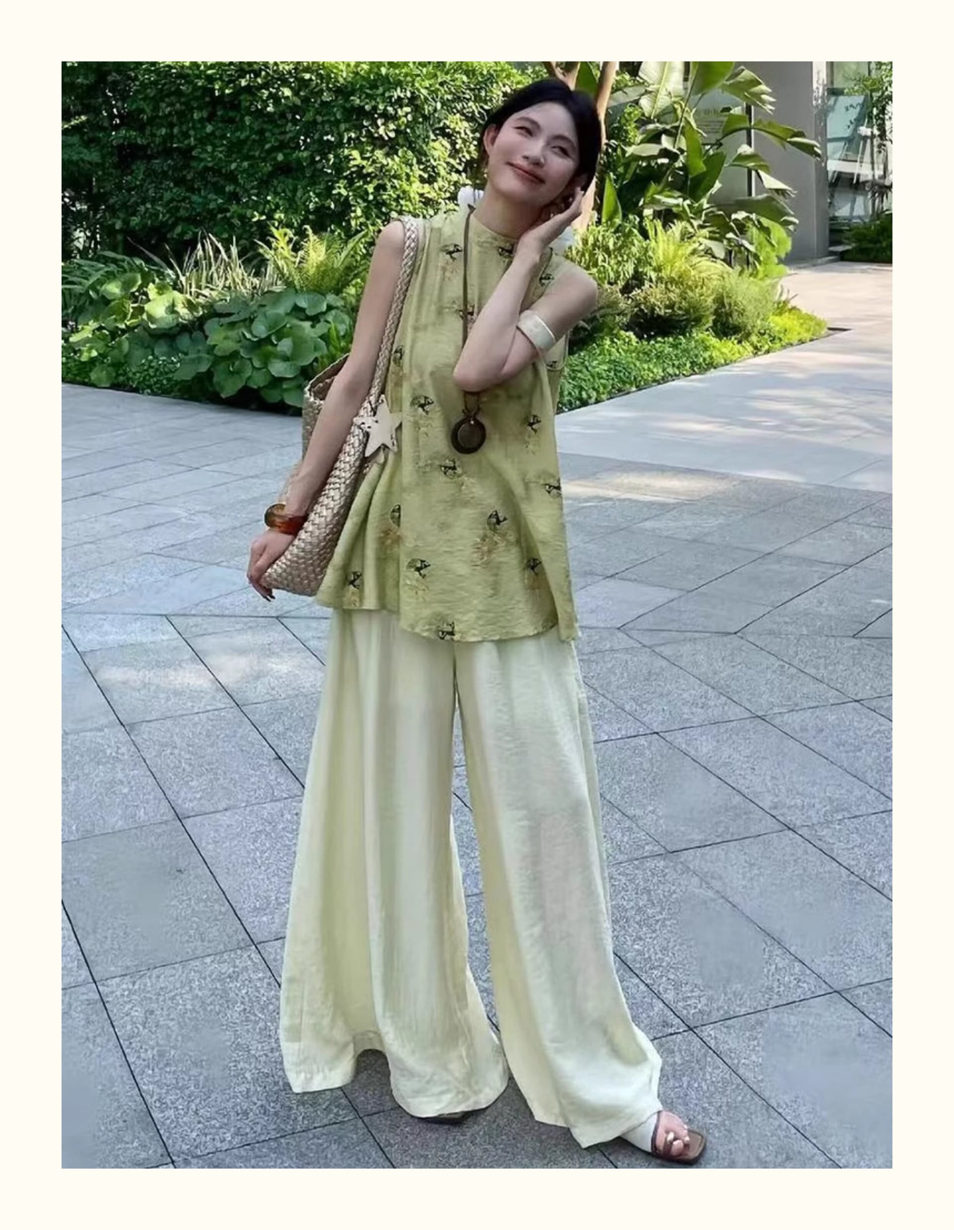 새로운 중식 국풍 민소매 셔츠 스트레이트 팬츠 세트 여성 2025 여름 새로운 루즈핏 슬림해 보이는 다용도 맨위