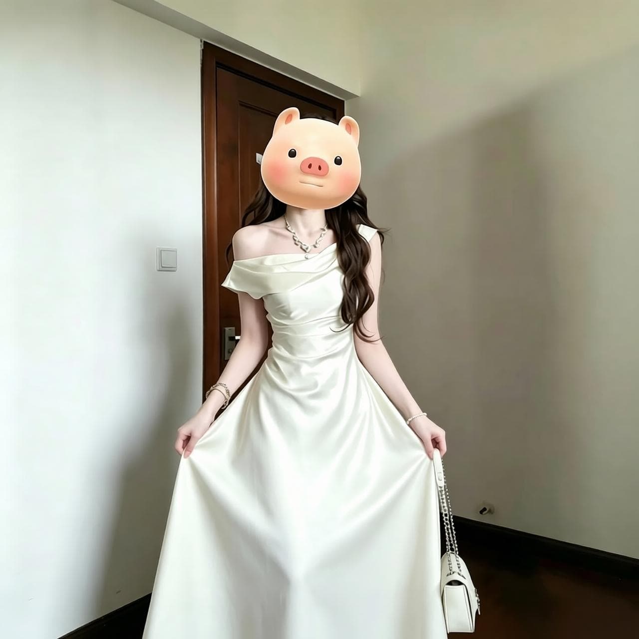 프랑스식 고급 센스 비스듬한 어깨 새틴 여성 드레스 품격 참여 라이센스 예복 롱 스커트