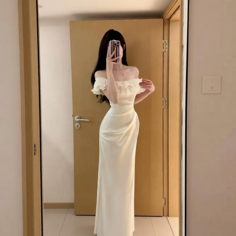 화이트 오프숄더 프릴 드레스 아이들 인사이드 가져 가라. 프랑스식 감기 고급 센스 허리 수축 타이트 스커트 인어 꼬리 롱 스커트 상세 이미지 2