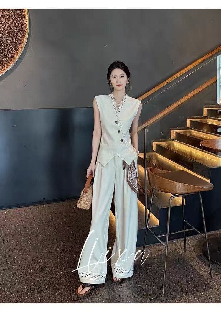 여름 섹션 오래된 돈 바람 출퇴근 세트 빛 럭셔리 레이스 테두리 민소매 베스트 와이드 레그 팬츠 슬림해 보이는 투피스 세트 상세 이미지 4
