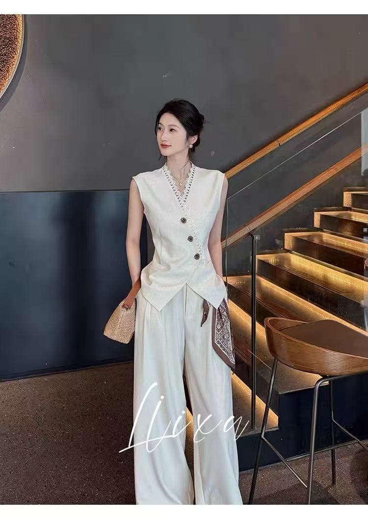 여름 섹션 오래된 돈 바람 출퇴근 세트 빛 럭셔리 레이스 테두리 민소매 베스트 와이드 레그 팬츠 슬림해 보이는 투피스 세트 상세 이미지 8