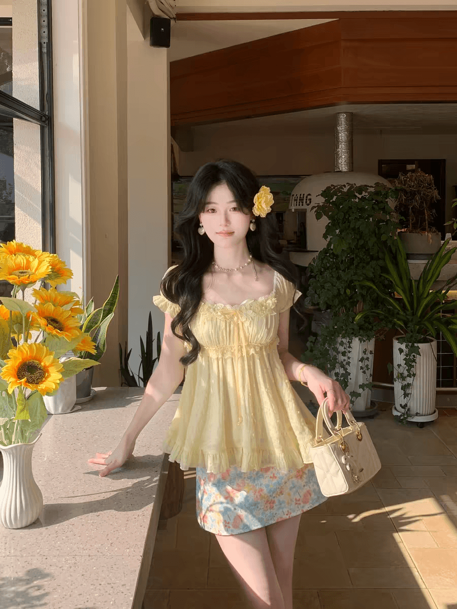 6 15 20 00 신제품 제한된 시간 9 접기 햇빛 바 필리핀 활력 광장 칼라 꽃무늬 하이웨이스트 반 스커트 세트 상세 이미지 3