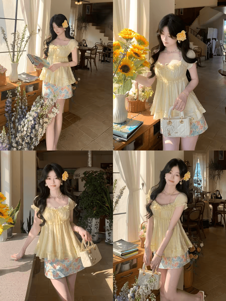 6 15 20 00 신제품 제한된 시간 9 접기 햇빛 바 필리핀 활력 광장 칼라 꽃무늬 하이웨이스트 반 스커트 세트 상세 이미지 4