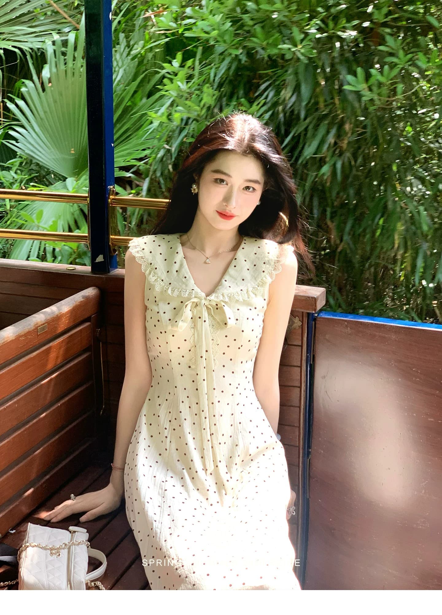 링 茜 거만한 와우 첫사랑 베이비 칼라 도트 무늬 여성 드레스 여름 프랑스식 나비 매듭 민소매 조끼 큰 진자 롱 스커트 상세 이미지 9