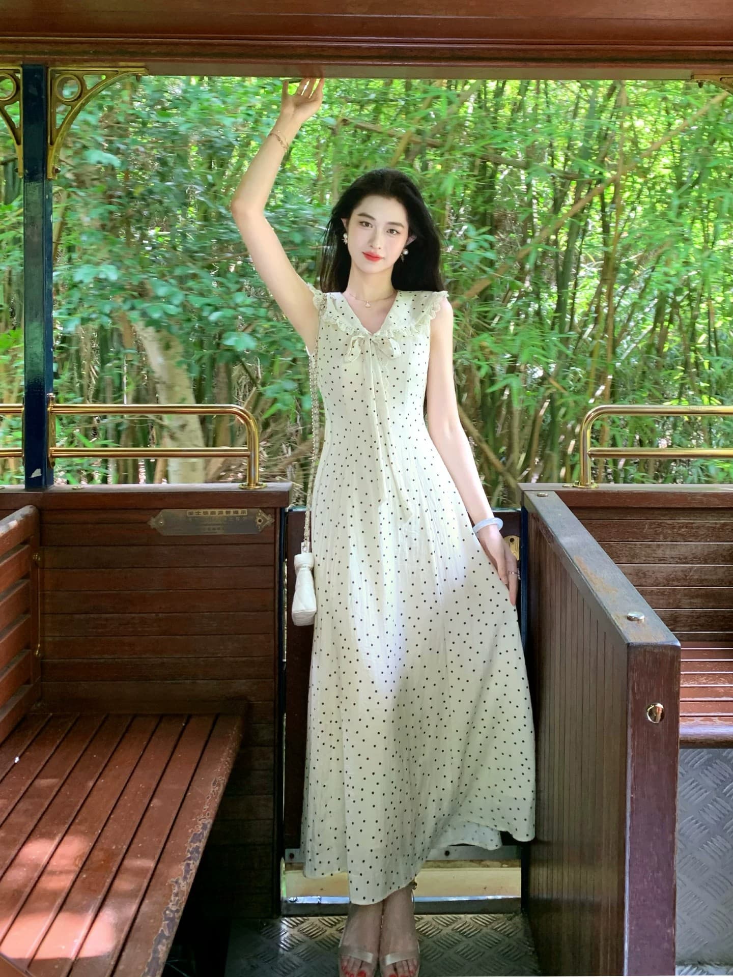 링 茜 거만한 와우 첫사랑 베이비 칼라 도트 무늬 여성 드레스 여름 프랑스식 나비 매듭 민소매 조끼 큰 진자 롱 스커트 상세 이미지 13