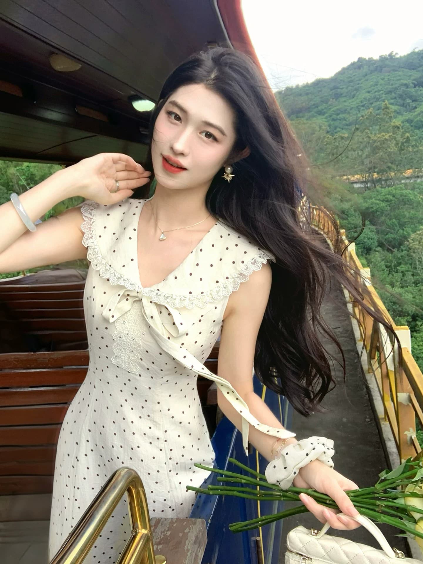 링 茜 거만한 와우 첫사랑 베이비 칼라 도트 무늬 여성 드레스 여름 프랑스식 나비 매듭 민소매 조끼 큰 진자 롱 스커트 상세 이미지 14