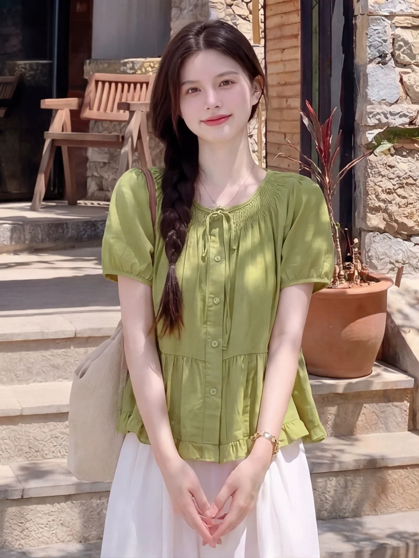 겨자 녹색 면 린넨 반팔 맨위 여성 여름 프랑스식 사소한 인형 셔츠 도파민 밝은 아름다운 거품 소매 세트 상세 이미지 2