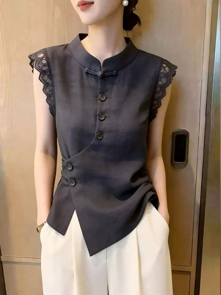 2026 여름 새로운 익스트림 제인 중식 바람 어두운 회색 단추 맨위 프릴 소매 허리 수축 슬림해 보이는 빅 사이즈 여성 의류 이미지 2