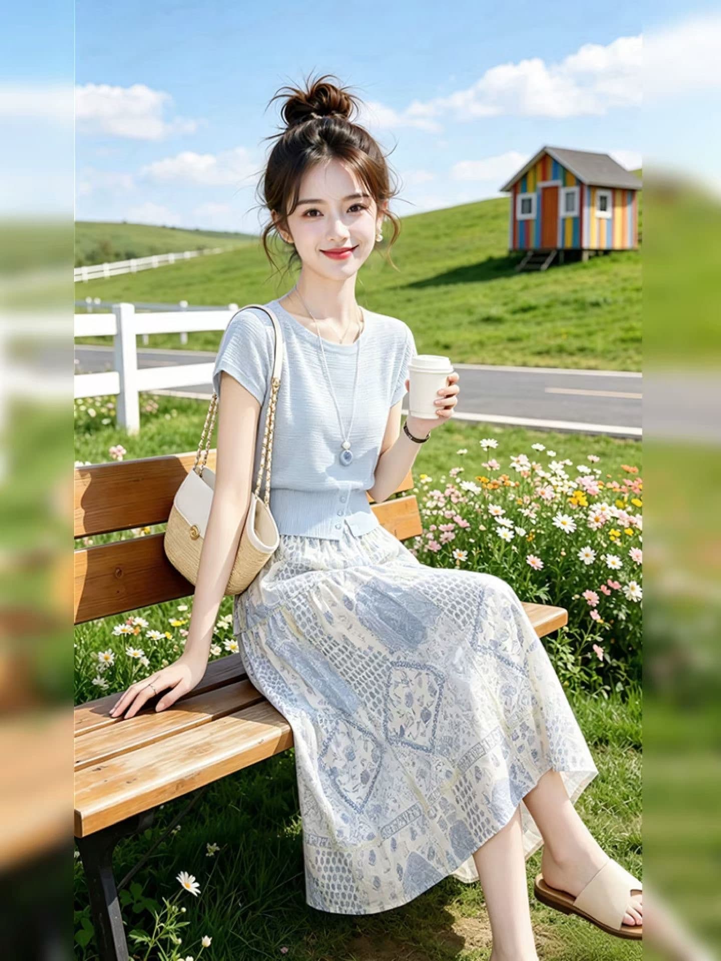 파란색 루즈핏 작은 날다 소매 티셔츠 여성 2026 새로운 여름 아름다운 장난기 넘치는 작은 맨위 품격 빛 요리 한 바람 착용 가져 가라. 상세 이미지 1