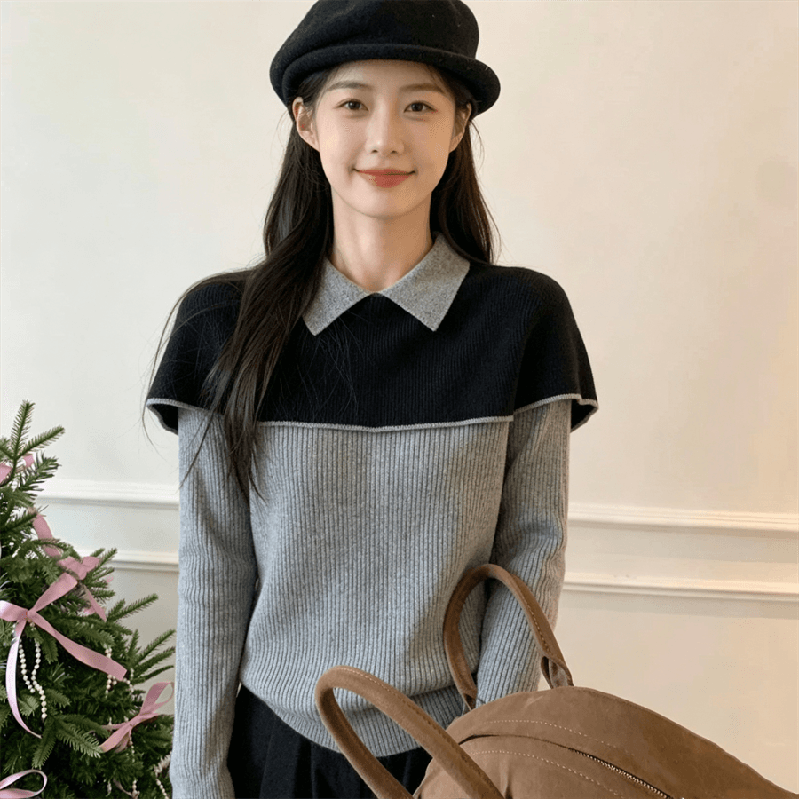 흑인과 백인 배색 페이크 레이어드 폴로 칼라 긴팔 니트 스웨터 여성 가을 새로운 몸매 가꾸기 기본 셔츠 품격 맨위 이미지 3