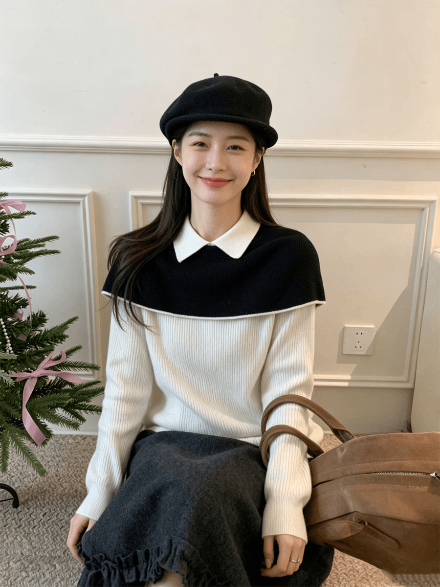 흑인과 백인 배색 페이크 레이어드 폴로 칼라 긴팔 니트 스웨터 여성 가을 새로운 몸매 가꾸기 기본 셔츠 품격 맨위 이미지 2