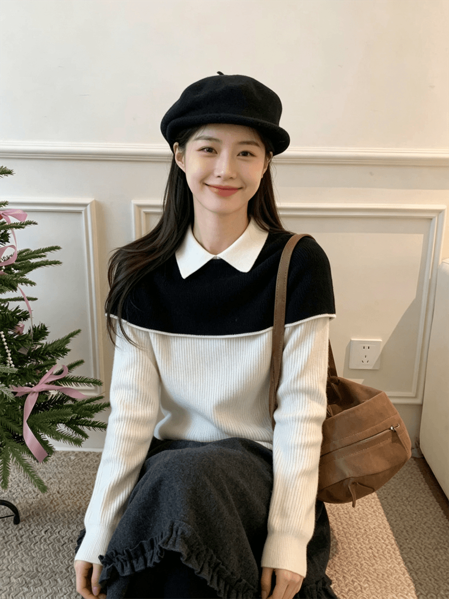흑인과 백인 배색 페이크 레이어드 폴로 칼라 긴팔 니트 스웨터 여성 가을 새로운 몸매 가꾸기 기본 셔츠 품격 맨위 상세 이미지 11