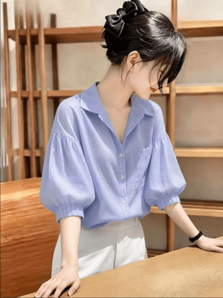 여름 한 부서 chic Chic 고유 한 디자인 센스 보라색 벌룬 소매 셔츠 부드러운 품격 아름다운 V넥 맨위 상세 이미지 2