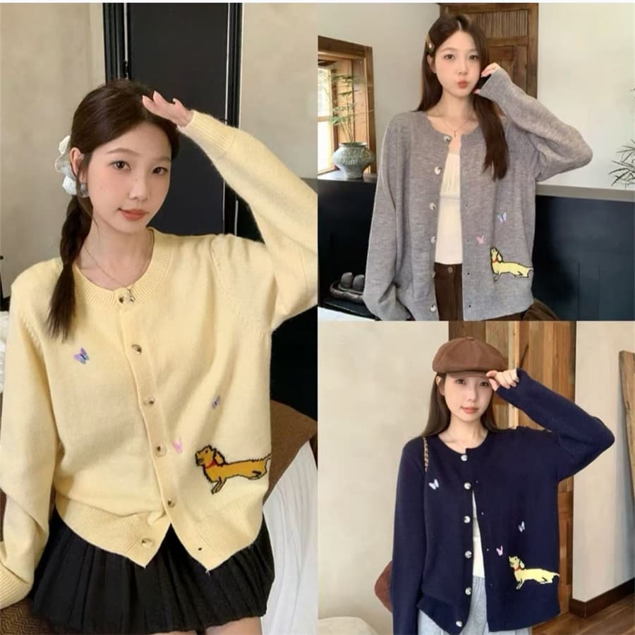 한 부서 착용 가져 가라. 봄 가을 새로운 디자인 센스 부드러운 찹쌀 오픈 가디건 맨위 강아지 자카드 나비 자수 니트 스웨터 여성 상세 이미지 2