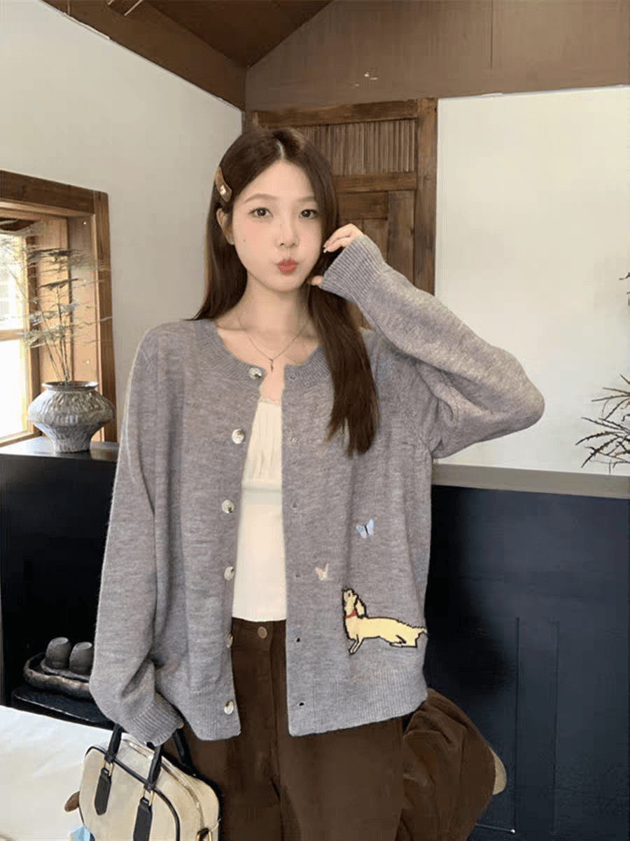 한 부서 착용 가져 가라. 봄 가을 새로운 디자인 센스 부드러운 찹쌀 오픈 가디건 맨위 강아지 자카드 나비 자수 니트 스웨터 여성 상세 이미지 6