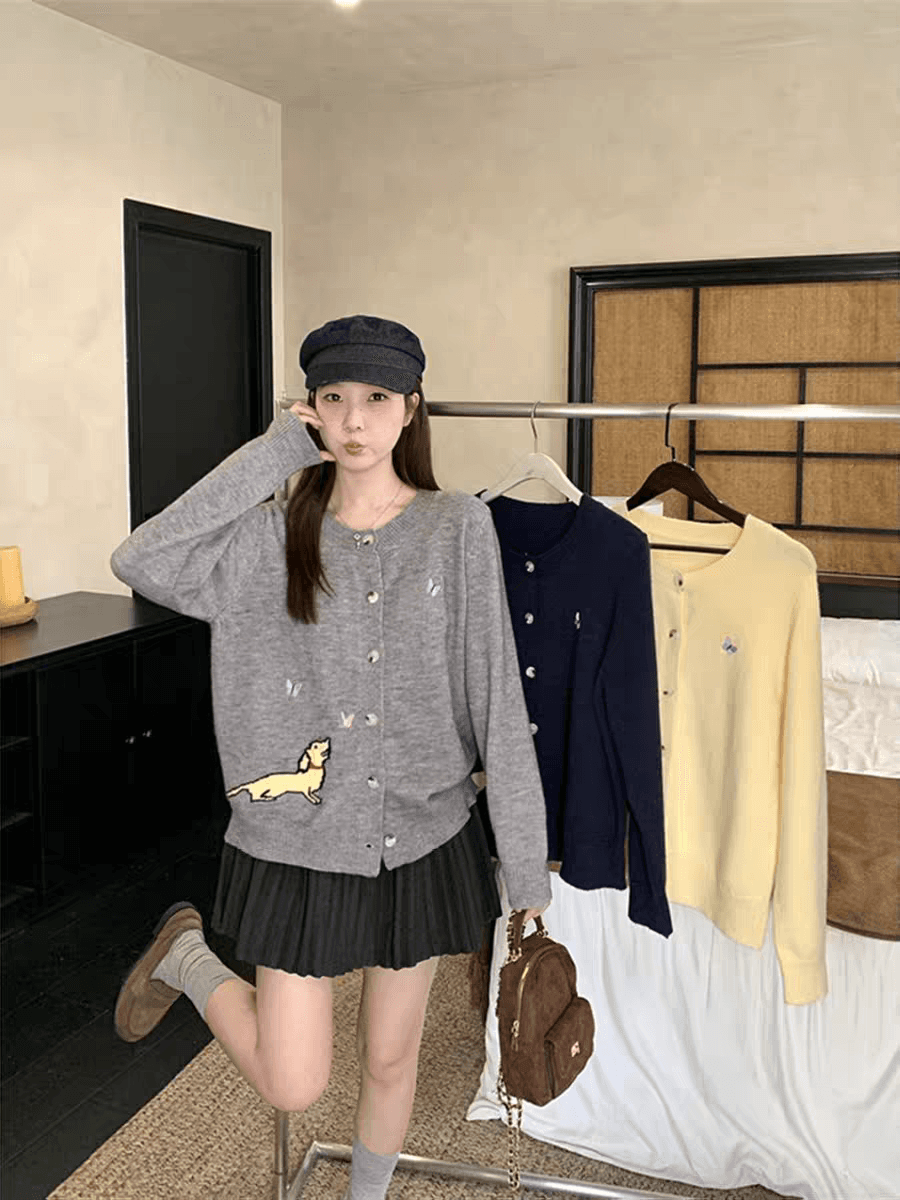 한 부서 착용 가져 가라. 봄 가을 새로운 디자인 센스 부드러운 찹쌀 오픈 가디건 맨위 강아지 자카드 나비 자수 니트 스웨터 여성 상세 이미지 8