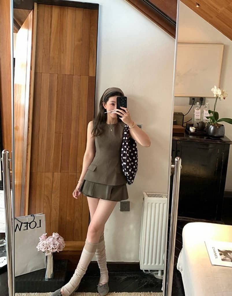 2026 절묘한 직장 품격 출퇴근 세트 허리 수축 민소매 조끼 한 마디 꽃밭 미니 스커트 투피스 세트 세트 이미지 4