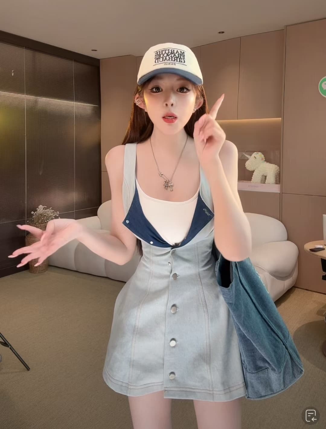 한 부서 파란색 데님 싱글 줄 버튼 민소매 여성 드레스 여름 작은 키 순수한 욕망 핫걸 허리 수축 한 마디 짧은 치마 이미지 4