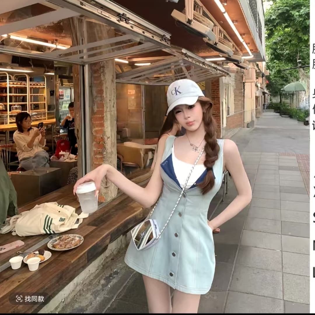 한 부서 파란색 데님 싱글 줄 버튼 민소매 여성 드레스 여름 작은 키 순수한 욕망 핫걸 허리 수축 한 마디 짧은 치마