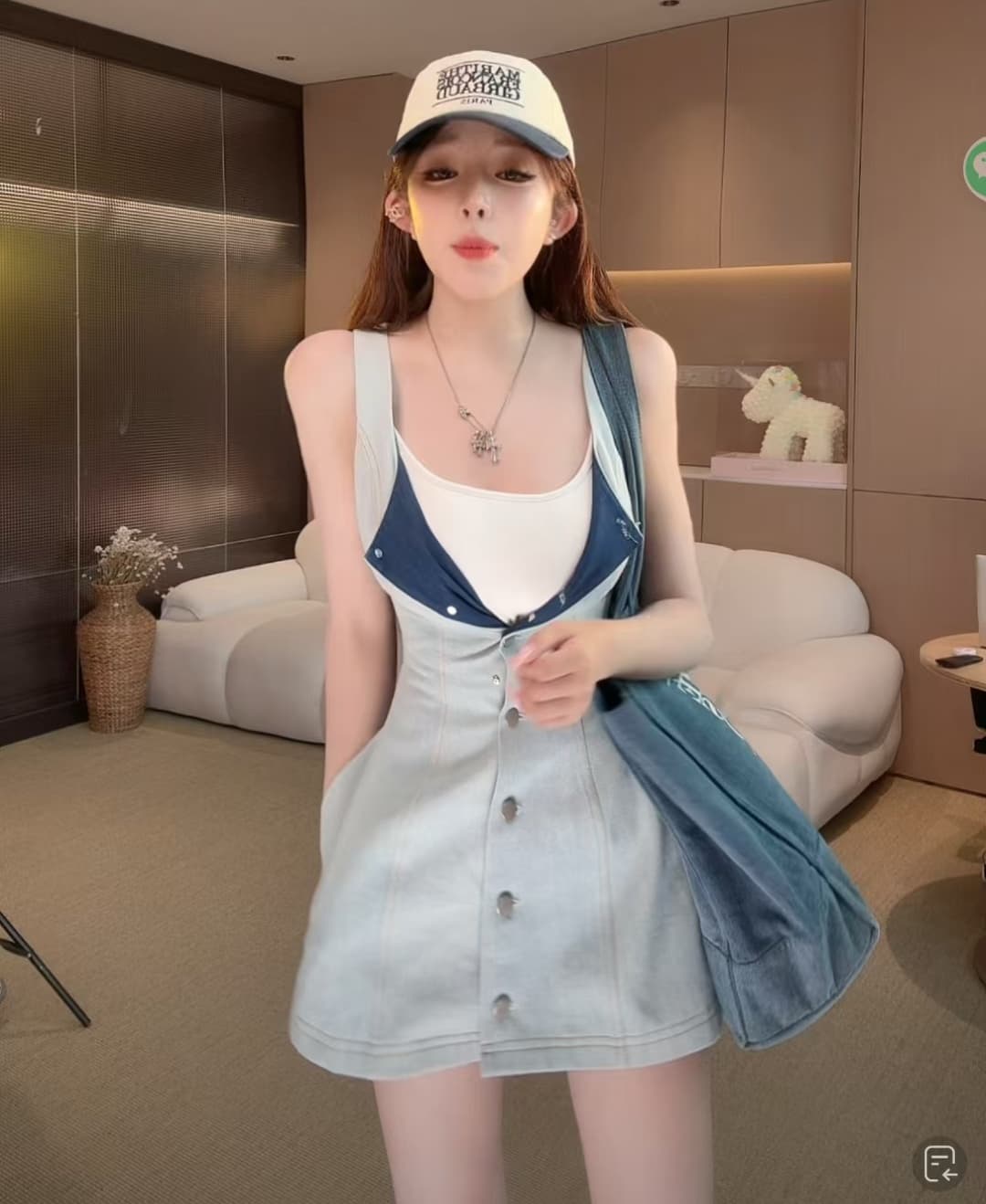 한 부서 파란색 데님 싱글 줄 버튼 민소매 여성 드레스 여름 작은 키 순수한 욕망 핫걸 허리 수축 한 마디 짧은 치마 상세 이미지 1
