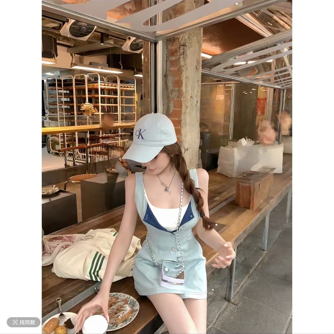 한 부서 파란색 데님 싱글 줄 버튼 민소매 여성 드레스 여름 작은 키 순수한 욕망 핫걸 허리 수축 한 마디 짧은 치마 상세 이미지 4