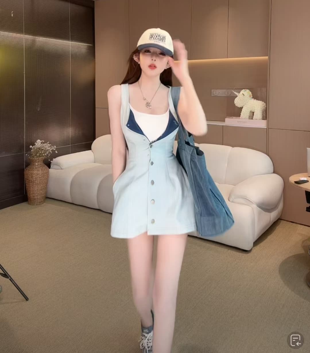 한 부서 파란색 데님 싱글 줄 버튼 민소매 여성 드레스 여름 작은 키 순수한 욕망 핫걸 허리 수축 한 마디 짧은 치마 상세 이미지 7