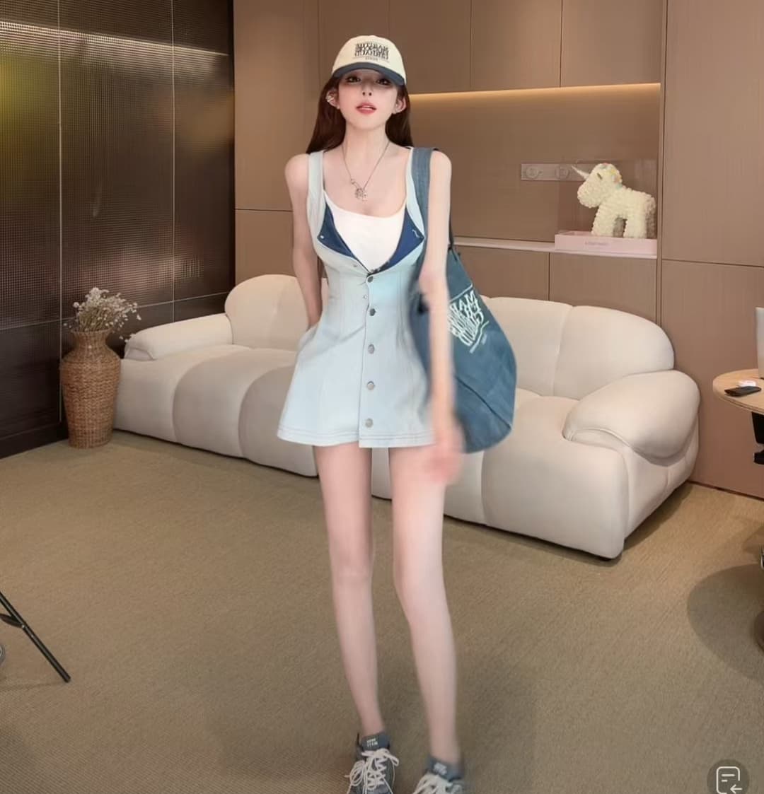 한 부서 파란색 데님 싱글 줄 버튼 민소매 여성 드레스 여름 작은 키 순수한 욕망 핫걸 허리 수축 한 마디 짧은 치마 상세 이미지 8