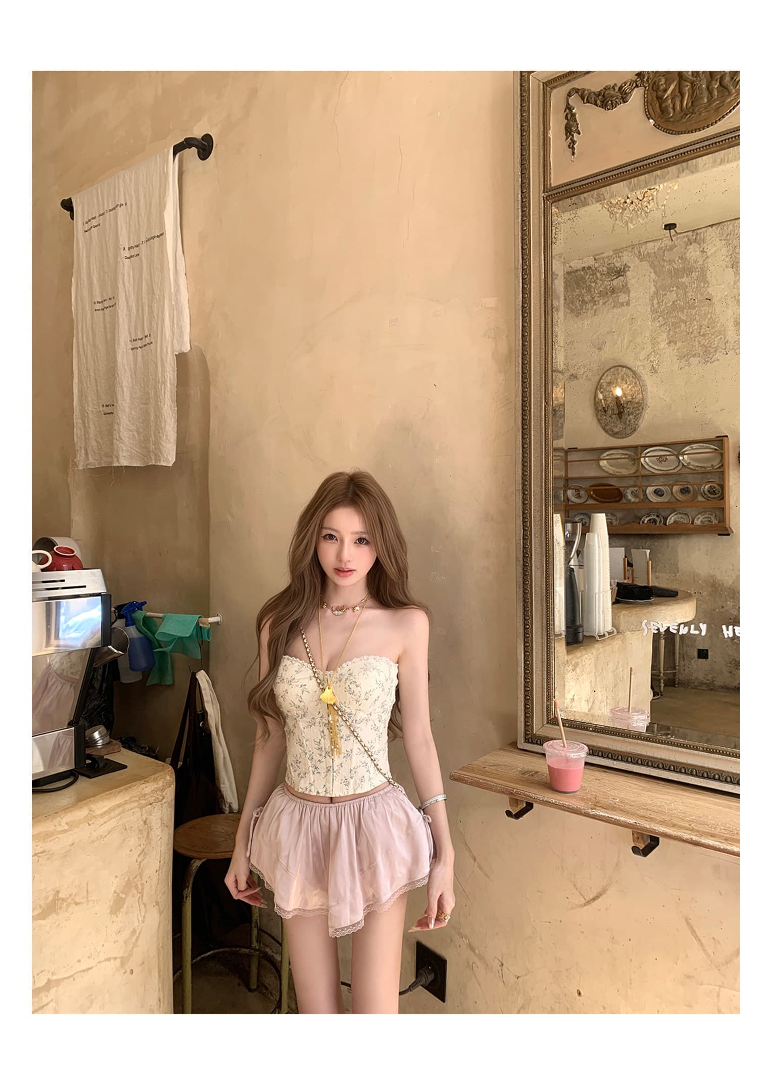 파리 파리 프랑스식 신선함 꽃무늬 레이스 튜브탑 새틴 반 스커트 세트 여성 상세 이미지 4