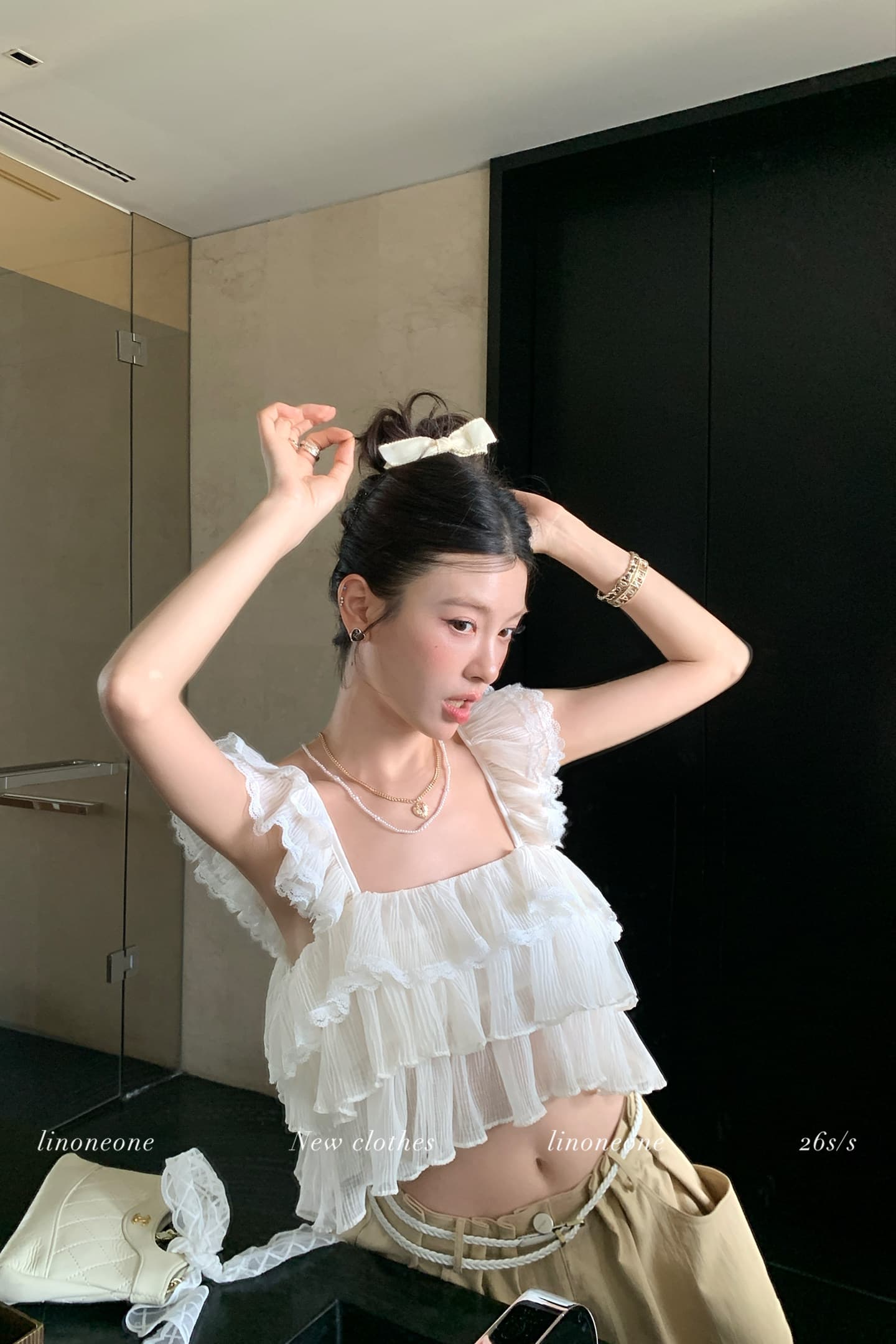 우유 케이크 甜酒 장난기 넘치는 첸 진 팡 칼라 플리츠 다중 레이어 프릴 쇼트 스타일 민소매 작은 셔츠 조끼 이미지 4