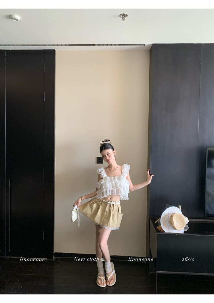 우유 케이크 甜酒 장난기 넘치는 첸 진 팡 칼라 플리츠 다중 레이어 프릴 쇼트 스타일 민소매 작은 셔츠 조끼 상세 이미지 5