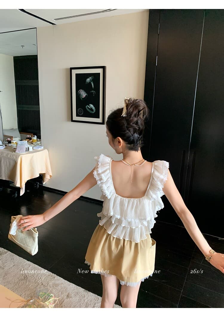 우유 케이크 甜酒 장난기 넘치는 첸 진 팡 칼라 플리츠 다중 레이어 프릴 쇼트 스타일 민소매 작은 셔츠 조끼 상세 이미지 10