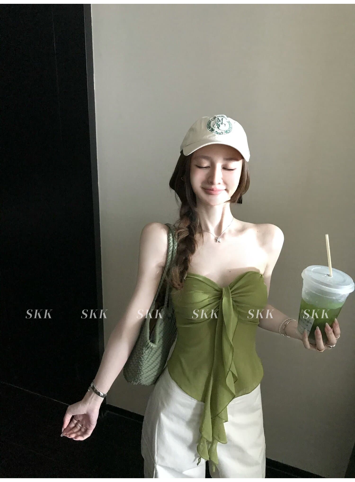 헤스 재스민 아름다움 ~까지 열기 행침 분위기 센스 비밀번호 수 있습니다. 달콤한 수 있습니다. 소금 물결무늬 측면 스트랩 망사 튜브탑 이미지 3