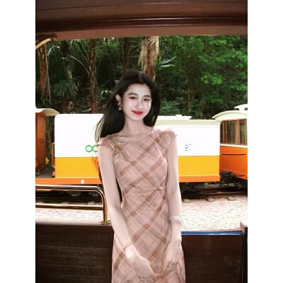 링 茜 거만한 와우 캐러멜 연애 편지 국풍 새로운 중식 프랑스식 허리 수축 슬림해 보이는 여름 체크무늬 치파오 드레스 이미지 3