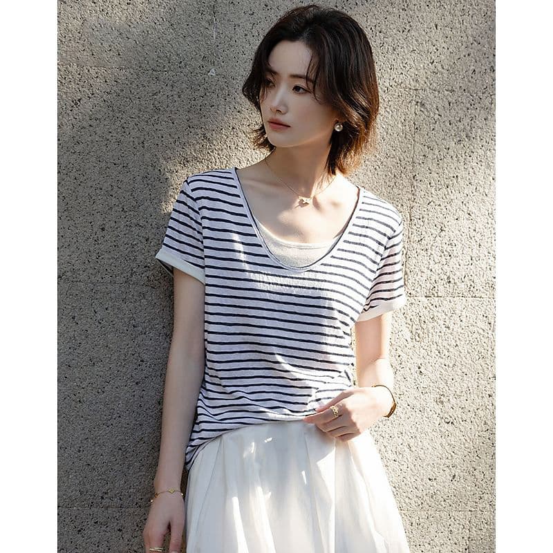 상쾌 라이 경기 서울 여름 높음 폭탄 레트로 페이크 레이어드 배색 스트라이프 슬림해 보이는 숨기기 고기 티셔츠 여성 고급 상세 이미지 3