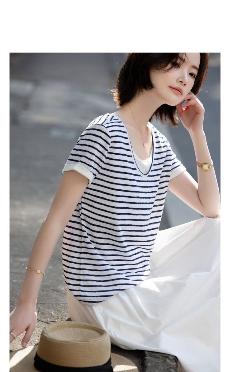 상쾌 라이 경기 서울 여름 높음 폭탄 레트로 페이크 레이어드 배색 스트라이프 슬림해 보이는 숨기기 고기 티셔츠 여성 고급 상세 이미지 6
